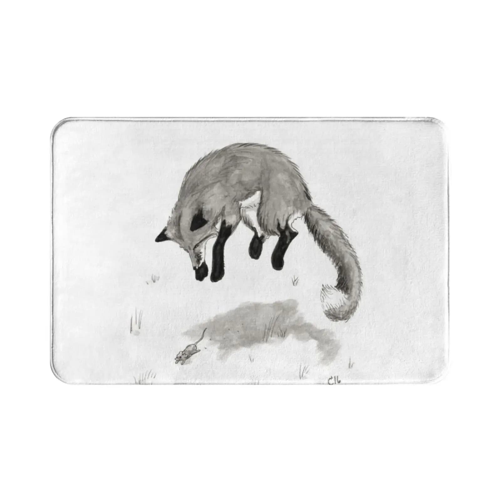Pounce Tappeto Tappetino Tappeto Cuscino Morbido antiscivolo Animali Volpi Volpe Inchiostro grigio Caccia Fauna selvatica Neve Inverno