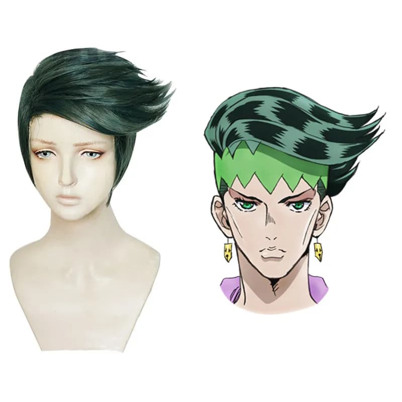 Parrucca cosplay Rohan Kishibe Parrucche sintetiche corte resistenti al calore verde scuro + cappuccio per parrucca
