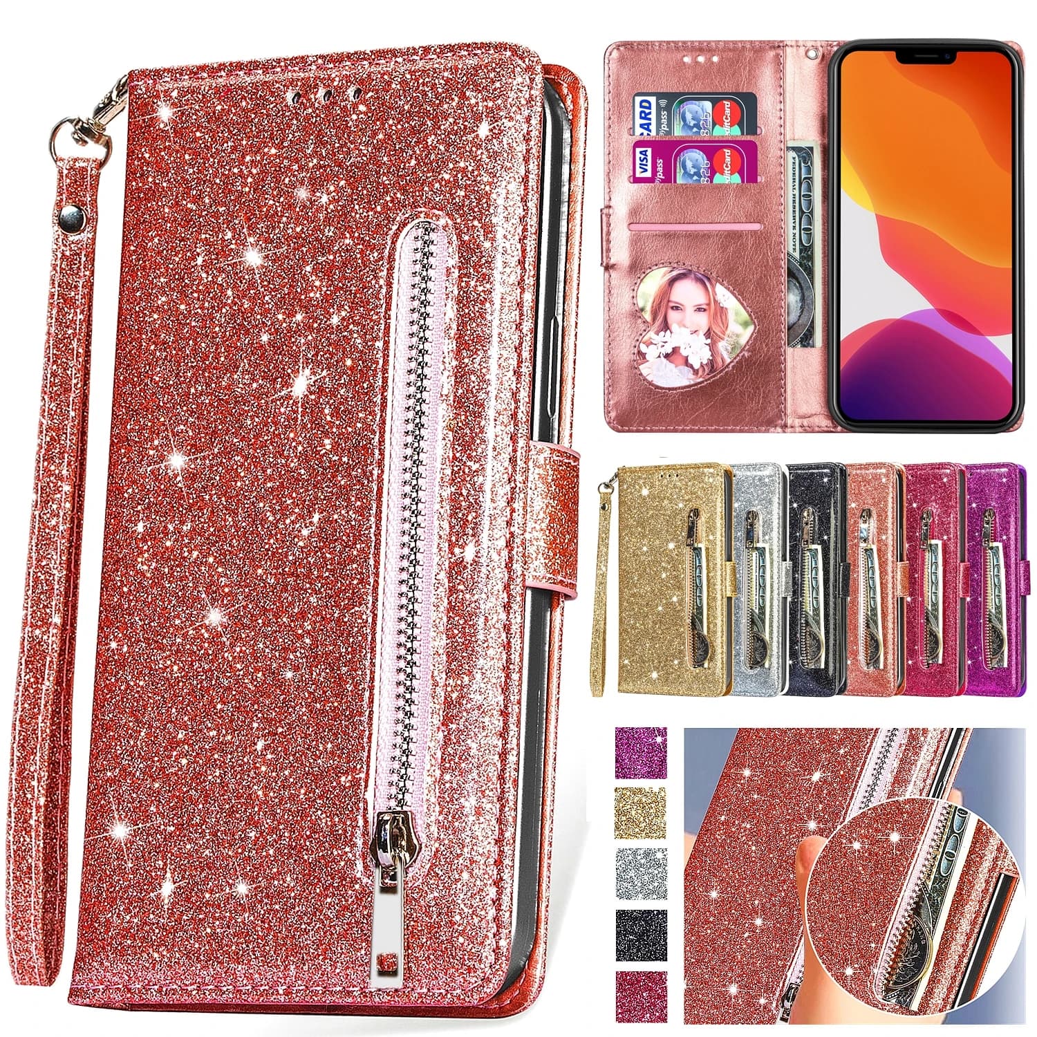 Custodia in pelle glitter con portafoglio con cerniera per iPhone 16 15 14 13 12 11 Pro Max XS XR 8 7 Plus SE 16E Mini Bling Stand Cover per telefono