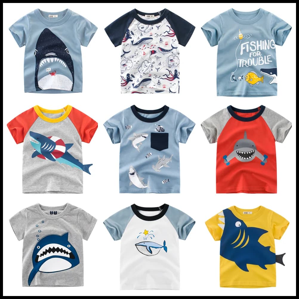 1 2 3 4 5 6 7 8 9 anni Bambini Ragazzi 100% cotone Manica corta Squalo Cartoon T-shirt Vestiti Bambini Bambini Estate Top Abbigliamento
