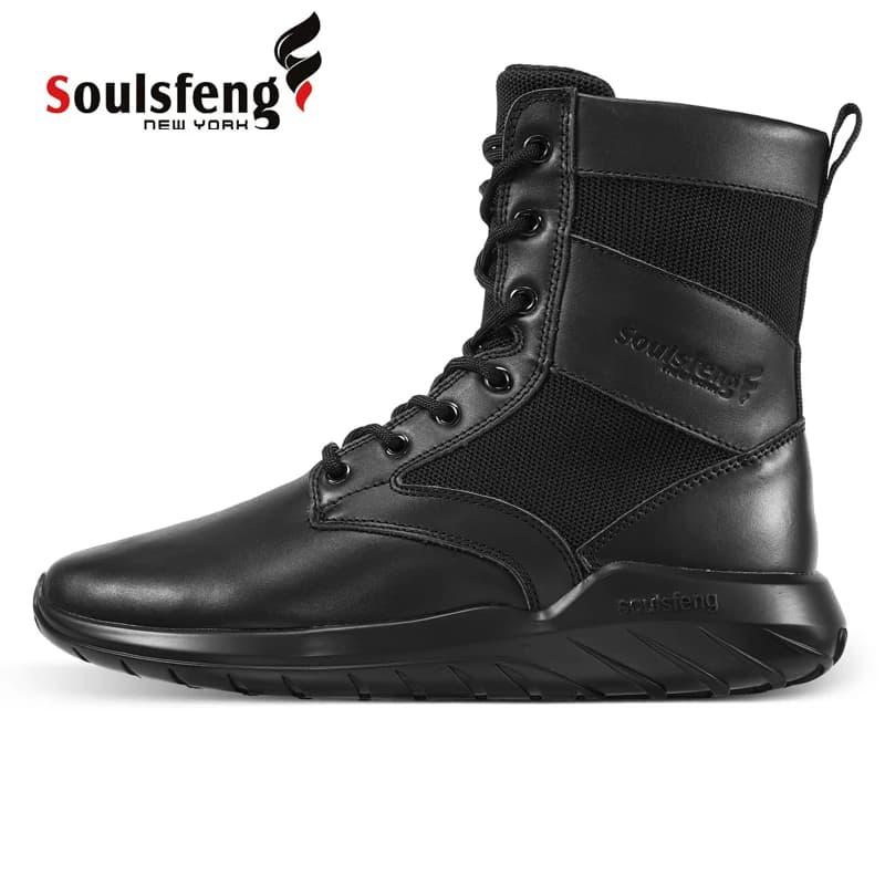 Soulsfeng Plus Size stivali da deserto neri alti stivali da combattimento leggeri antiscivolo da uomo scarpe da trekking in pelle con cerniera da donna