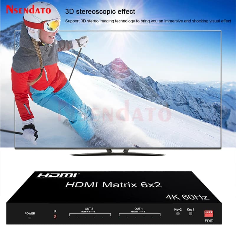 HDMI 6x2 4K 60Hz matrix with HDMI video audio splitter, 6 inputs 2 outputs, HDMI switch with audio for PS4, computer, TV, monitor