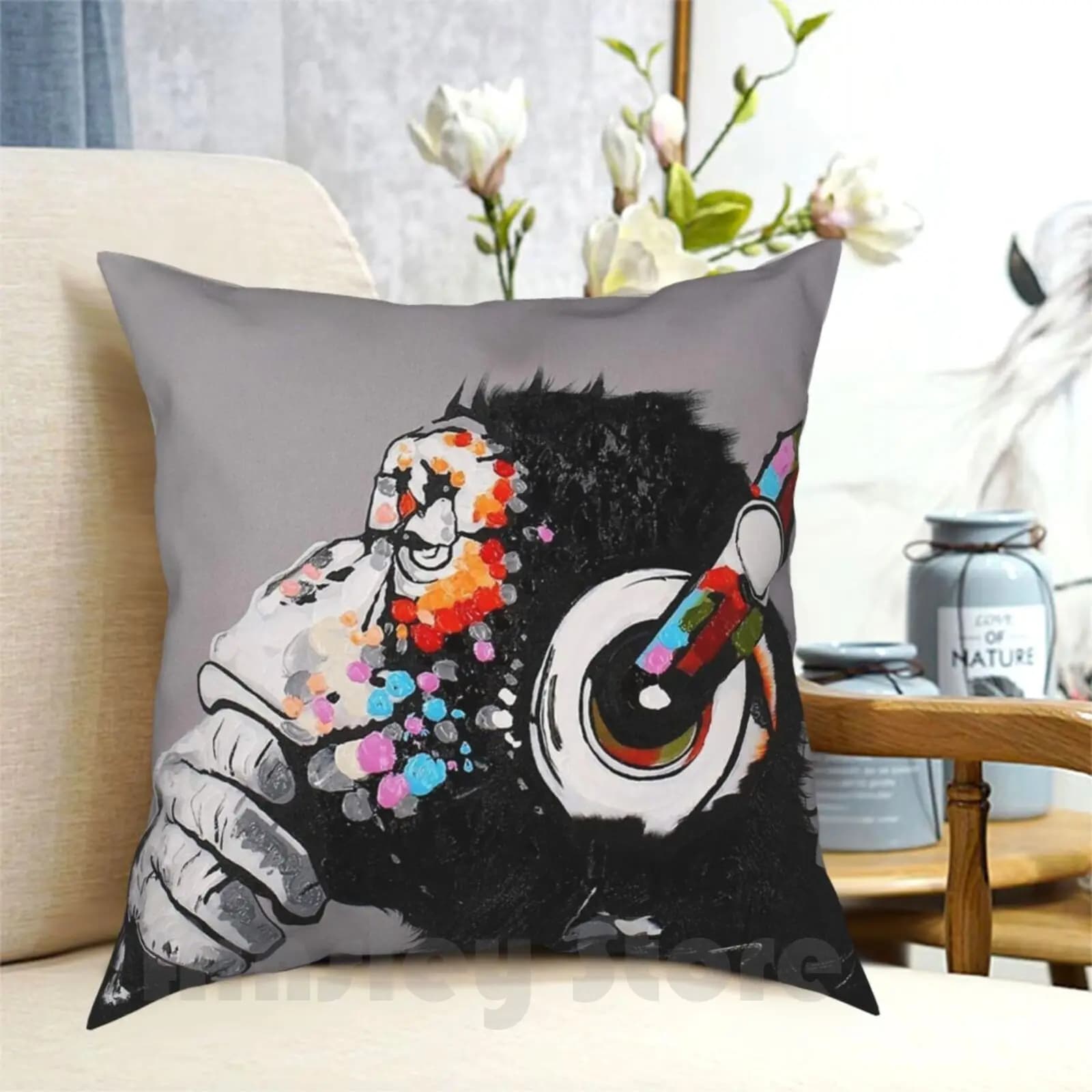 Dj Monkey con cuffie Federa per cuscino pensante Stampata per la casa Morbido cuscino da tiro Street Art Pop Culture Graffiti Stencil