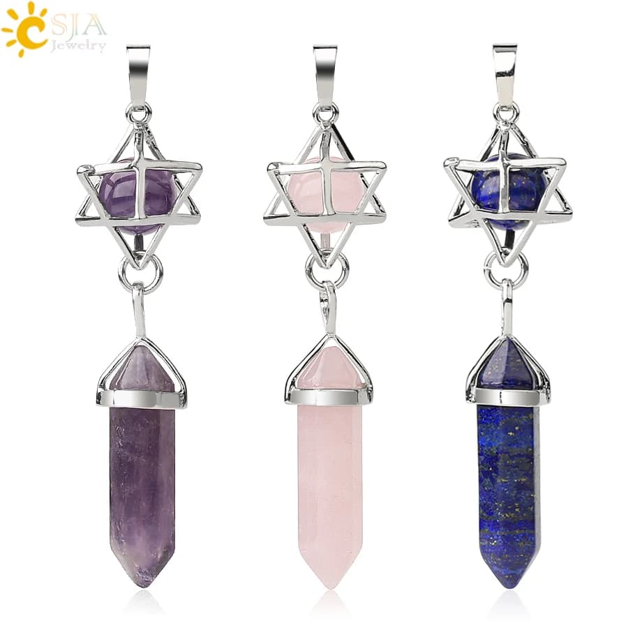 CSJA Ciondolo Reiki in Pietra Naturale, Pendente Merkaba, Prisma Esagonale in Cristallo, Ciondoli Lunghi per Collane, Gioielli da Donna G512