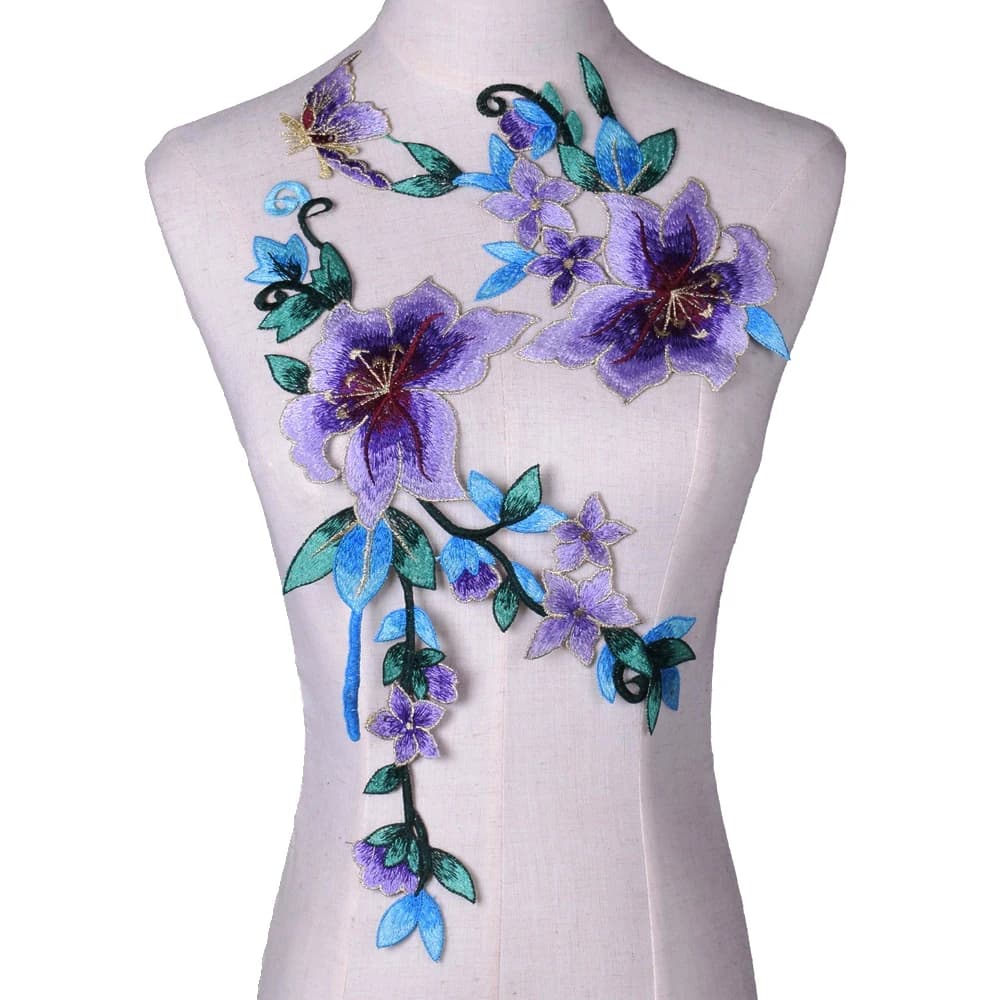 Set di 2 Pezzi Applicazioni in Pizzo con Fiori Viola per Accessori Abiti da Sposa e Cerimonia Tessuto in Pizzo