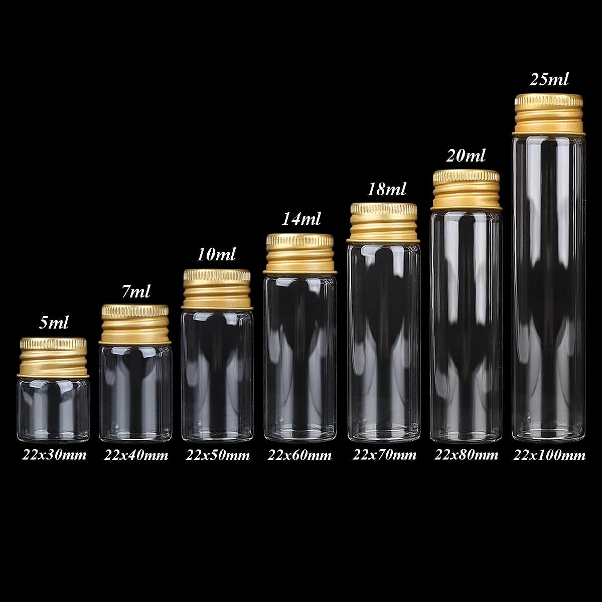 10 pz Diametro 22mm 5 ml/7 ml/10 ml/14 ml/18 ml/20 ml/25 ml Bottiglie di Vetro Barattoli di Vetro con Coperchi In Alluminio Dorato Barattoli di Spezie Bottiglie di Profumo
