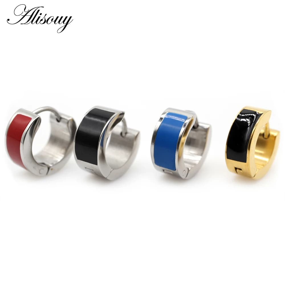 Alisouy 2pcs Punk Hip-hop Epoxy Enamel Huggies Ear Earring Stainless Steel Women Men Small Circle Hoop Earrings Piercing Jewelry