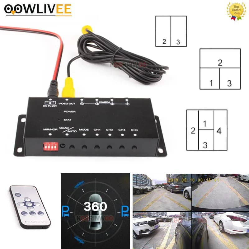 OOWLIVEE Box di Controllo Video per Assistenza al Parcheggio Auto, 4 Canali, 12V, per Telecamere Posteriori e Laterali