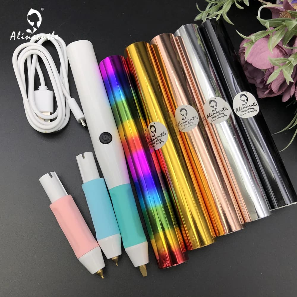 Heated Hot Foil Pen with 3 Head Electric Foil Quill Invitation Tool Kit Apply Foil to Scrapbook Handmade Craft Foil Roll