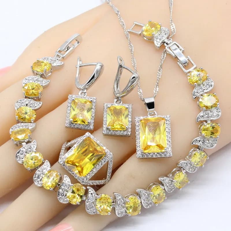 Set di gioielli geometrici gialli con zirconi cubici color argento per donna, bracciale, orecchini, collana, anelli pendenti, confezione regalo
