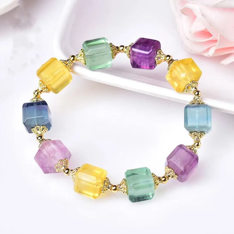 Bracciale con Perle di Fluorite Naturale Colorata, Cubo di Quarzo Trasparente 10x10mm, Fluorite Viola, Gioielli per Uomo e Donna, Amore AAAAA