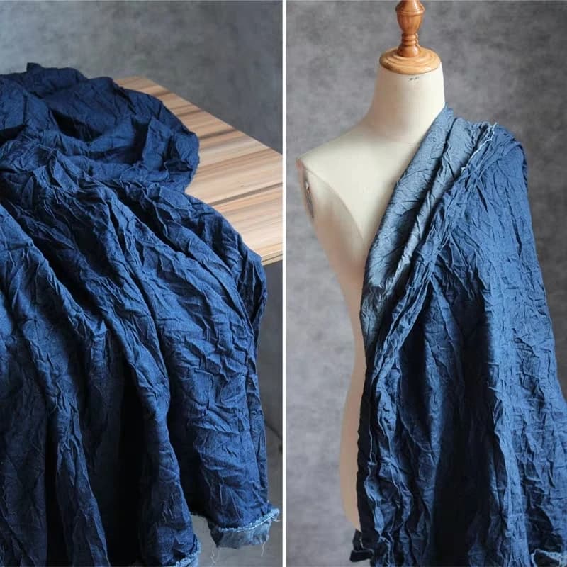 Blue Pleated Denim Cotton Fabric Microfolds DIY Patchwork Patches Jeans Jacket Coat Trousers Clothing Designer Fabric