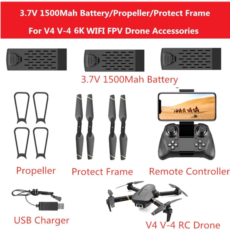 Batteria per Drone V4 V-4 4K RC 3.7V 1500mAh/Elica/Telaio Protettivo/Telecomando Accessori per Drone V4 Lama V4