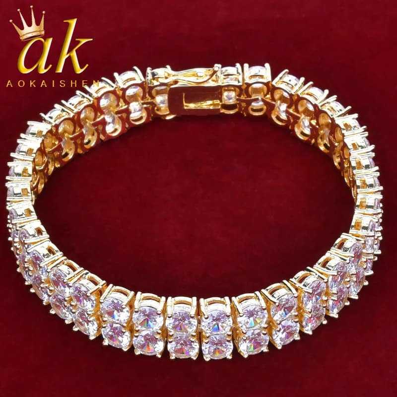 Aokaishen Tennis bracciale 2 righe placcato oro reale Hip Hop Fashion Jewelry Charms 2022 Trend