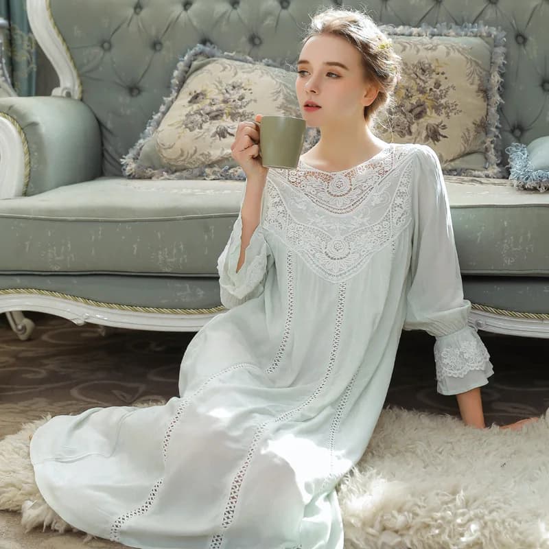 Romantic nightdress in French style lace, fairy lace nightdress, stylish long sleeve cotton nightdress, Victorian loungewear