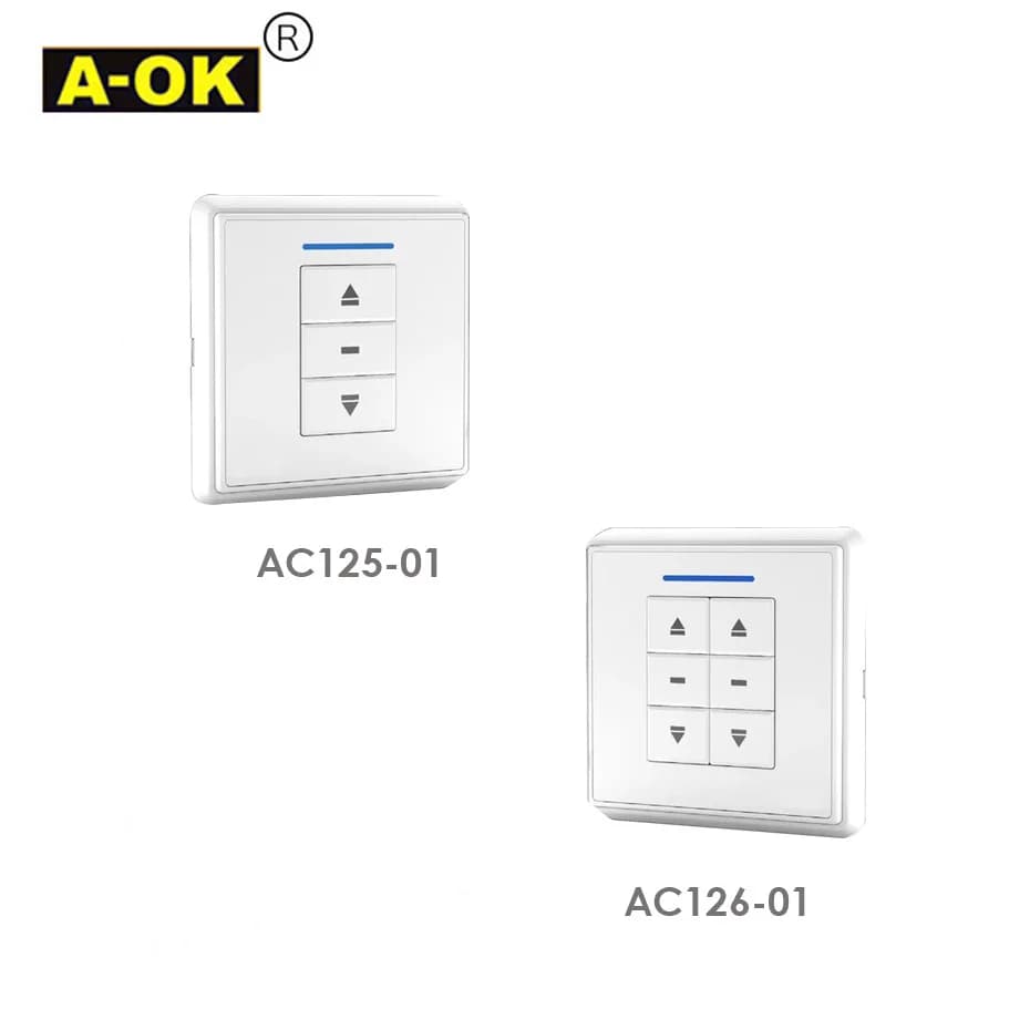 A-OK AC125-01/AC126-01 Interruttore da parete adesivo singolo/doppio, controller da parete wireless RF433 per motore per tende/motore tubolare A-OK RF433