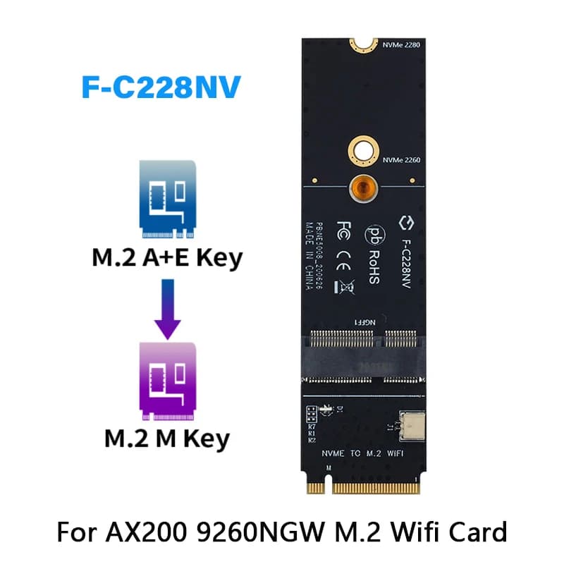 Wireless M.2 A+E Key Slot To M.2 M Key Wifi Bluetooth Adapter For Intel AX200 9260 bcm94352Z Card NVMe PCI express SSD Port