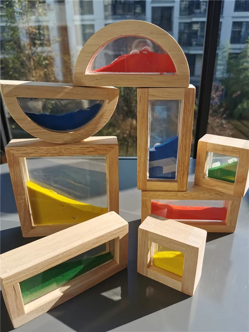 Grandi bambini giocattoli di legno Montessori blocchi sensoriali perline liquide sabbia gomma legno impilabile acrilico Buliding Play