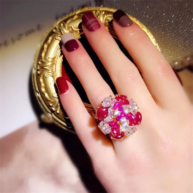 Women's rings S925 open swivel ring with red multilayered flower original Hyperbole Cubic Zirconia finger finger refined jewelry index
