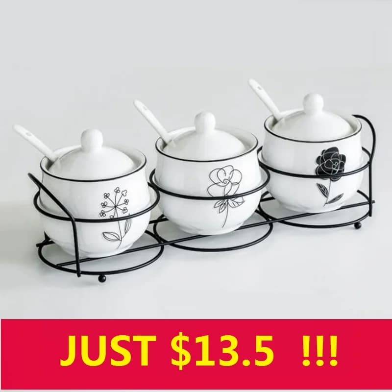 3 Pz/set di Ceramica Sale E Pepe Jar Set Ampolla Condimento Rack Holder Con Cucchiaio di Condimento Zucchero Spice Scatola di Immagazzinaggio di Cottura strumenti