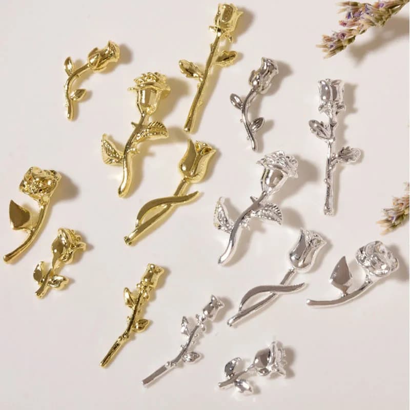 10 pezzi 3D rosa nail art ornamento fai da te per la decorazione acrilica delle unghie oro/argento 7 forme uniche fiore gioielli con ciondoli fai da te