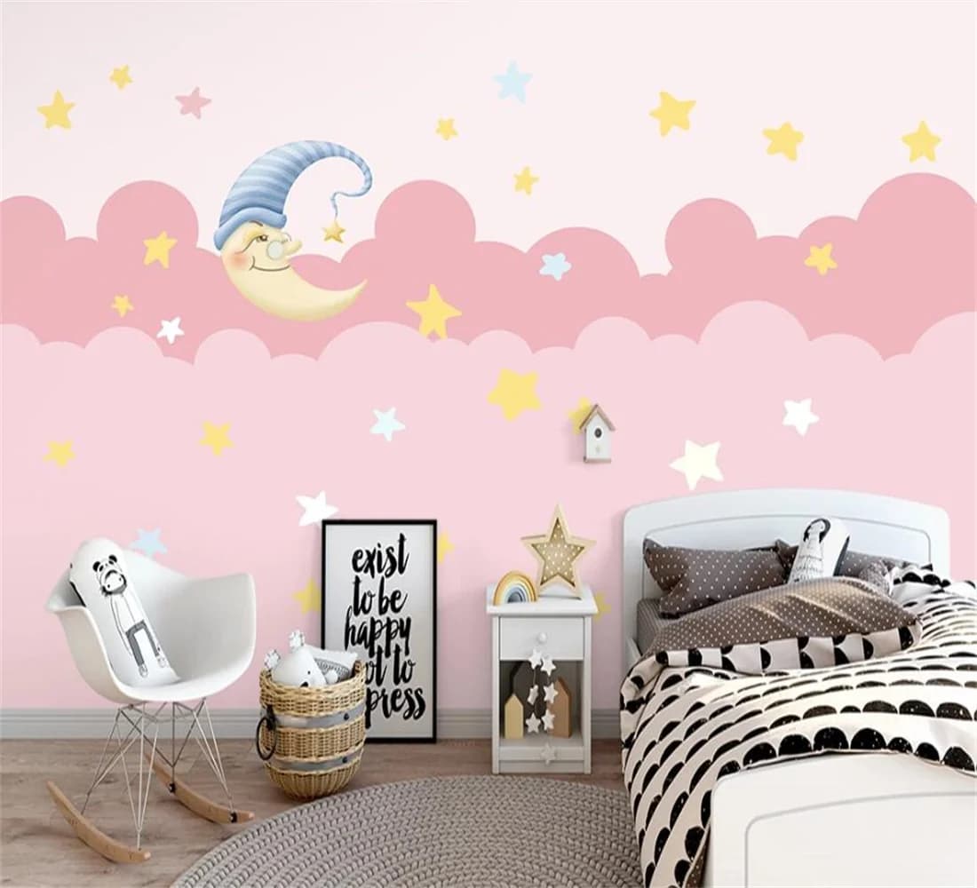 Customized Size Wallpaper Home Decoration Hand drawn Cute Moon Star Pink Children's Room Background Wall 3D Wallpaper mural