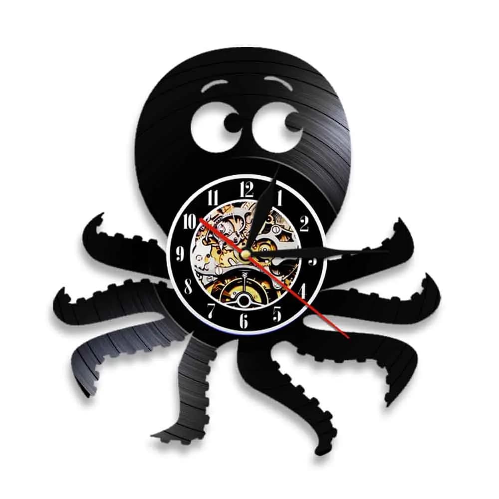 Wall clock with octopus marine animals, creative vinyl disc, hanging clocks, 3D octopus, handmade modern wall decoration for children's room