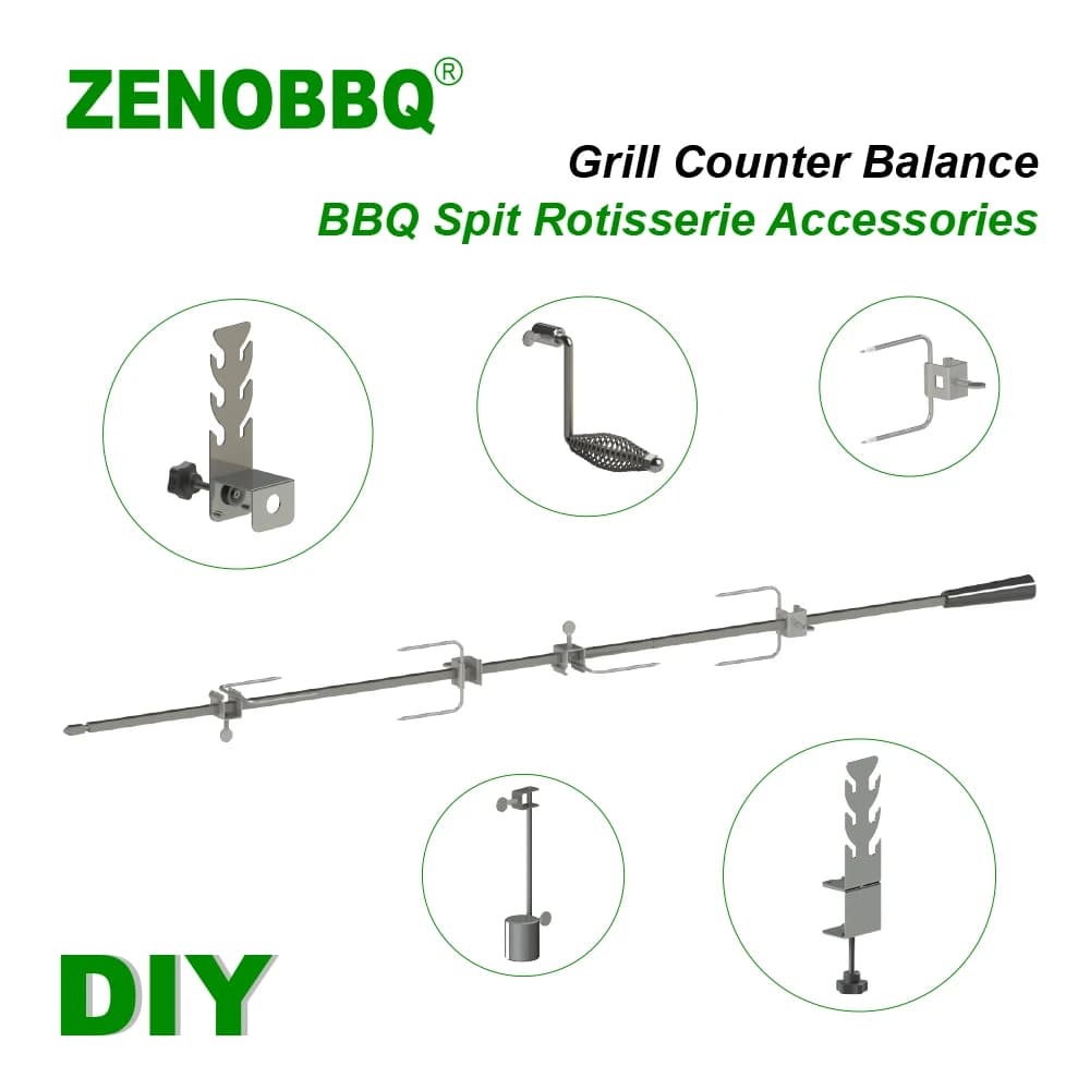 ZENO BBQ Grill Counter Weight Turning Spills Kebab Accessories Kit BBQ Spike Roast Bracket Chicken Fork Handle