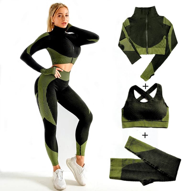 Set da yoga senza cuciture da donna 2 pezzi/3 pezzi Tuta da donna con cerniera Manica lunga + Reggiseno sportivo + Leggings Tute sportive Tute da fitness Taglia S-XL