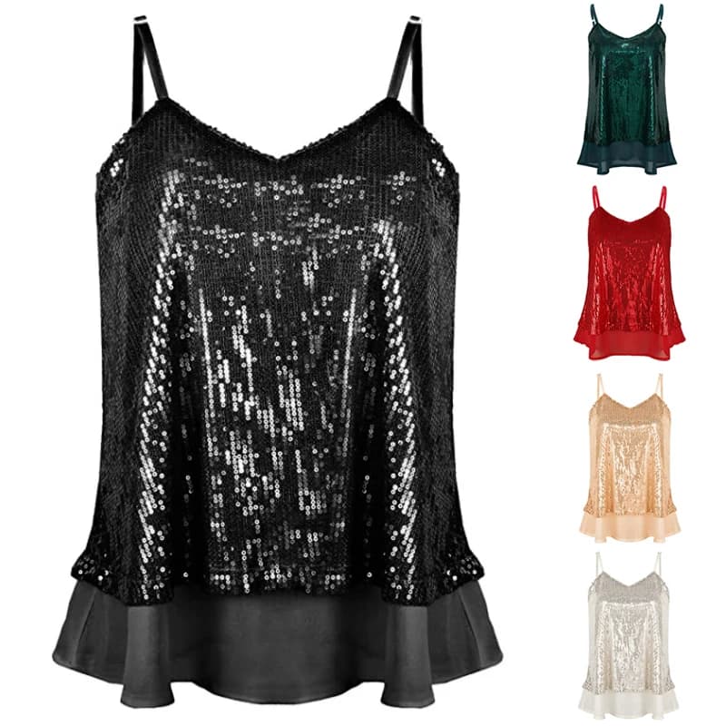 2023 Patchwork Vest T-Shirt da donna con scollo a V senza maniche camicia con paillettes estate Sexy Party T Shirt Chic Sparkly Tops donna