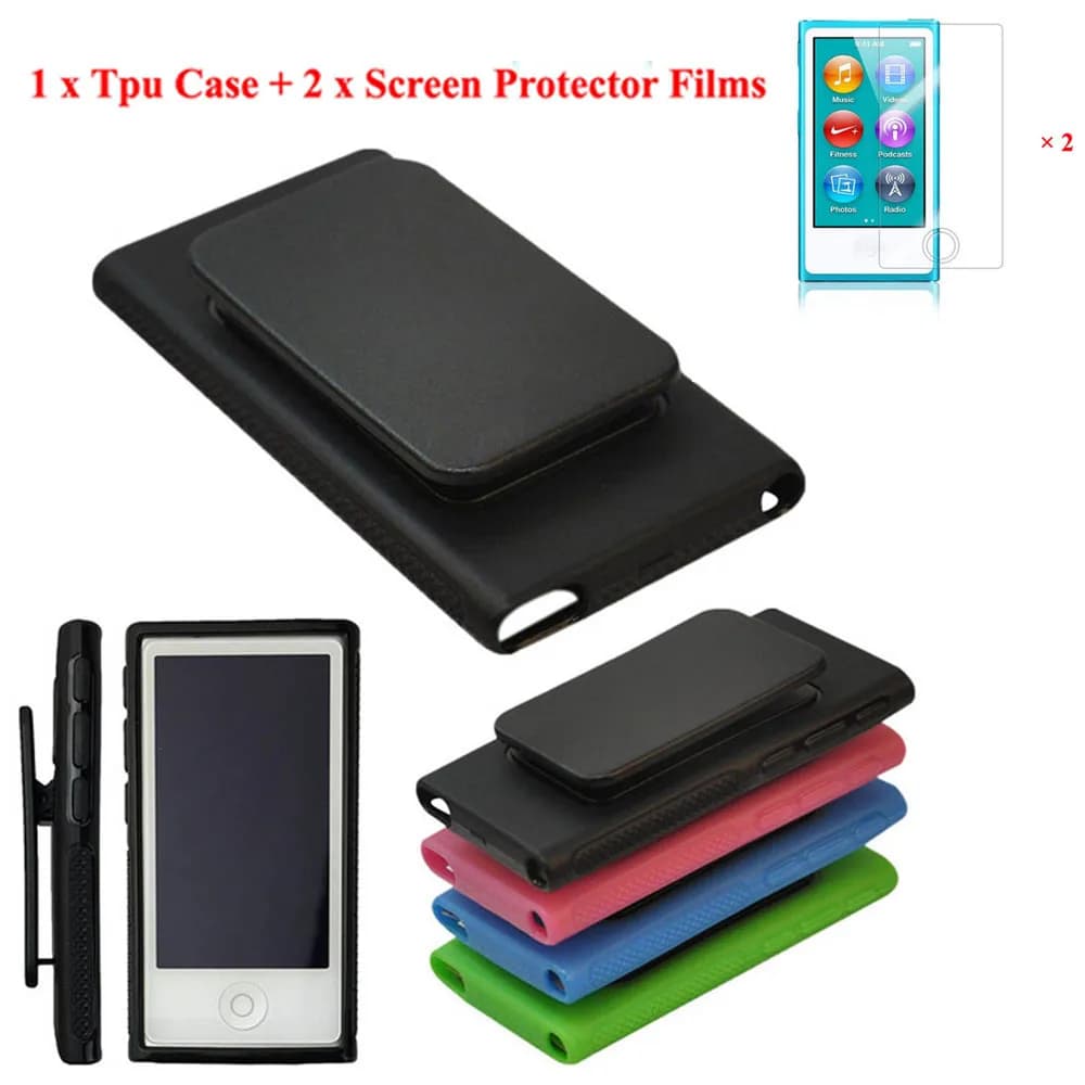 TPU Rubber Gel Soft Leather Protective Case with Belt Clip for iPod Nano 7 7G 7th + 2pcs Protective Films for Screen Nano 7
