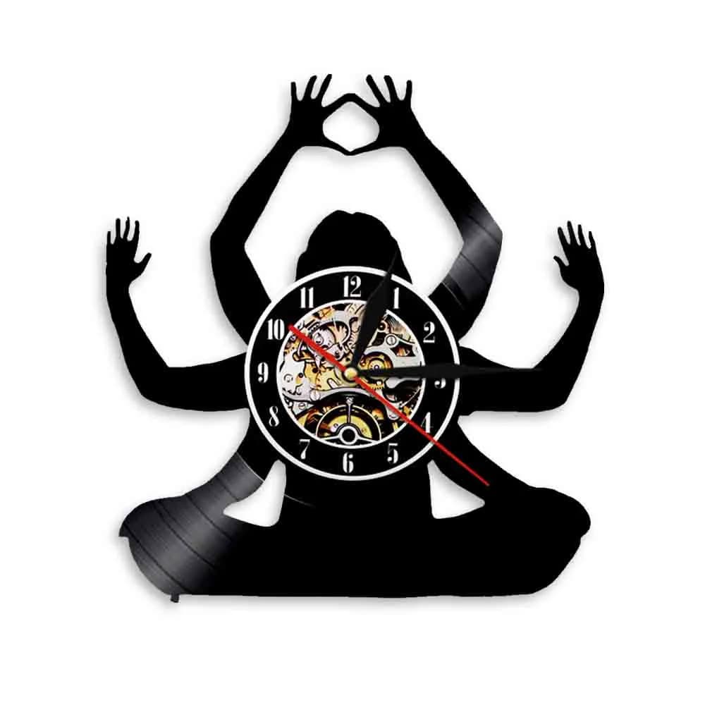 Yoga Silhouettes Vinyl Record Wall Clock Inspiration Meditation Namaste Clock Silent Wall Watch for Yoga Studio Gym Living Room
