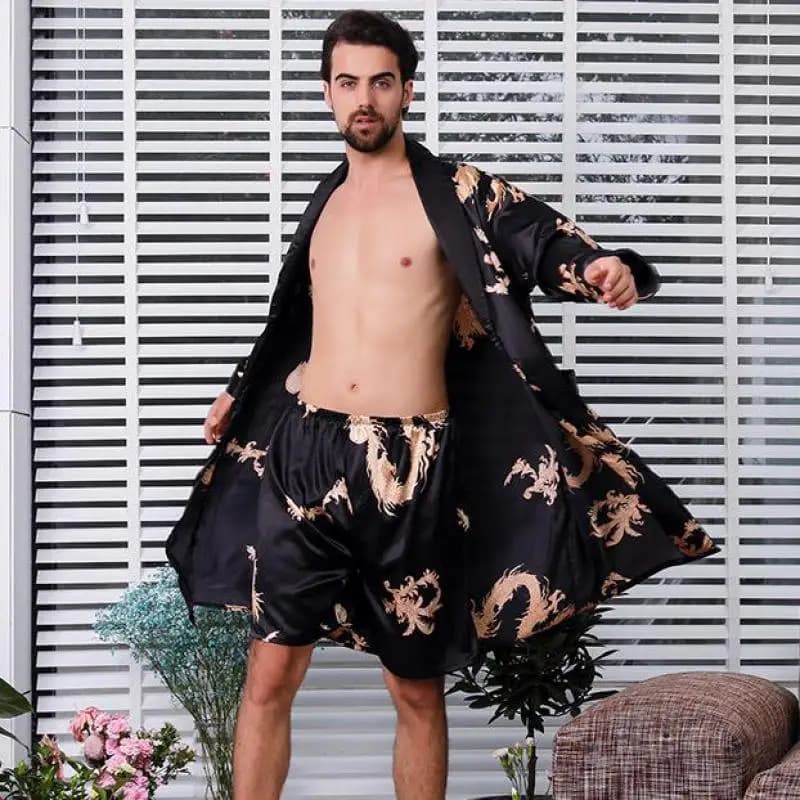 Set di abiti da uomo in raso 4XL 5XL di grandi dimensioni stampa drago 2 pezzi indumenti da notte Set da notte e abito da notte Set da uomo Casual Kimono abito da casa allentato