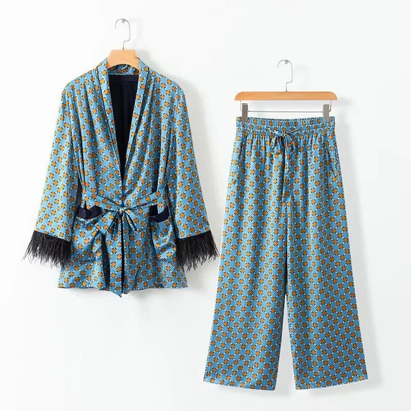 Abiti da donna pigiama di piume Set da 2 pezzi indumenti da notte in raso giacca a Kimono stampata a maniche lunghe pantaloni autunnali Viintage abiti da casa