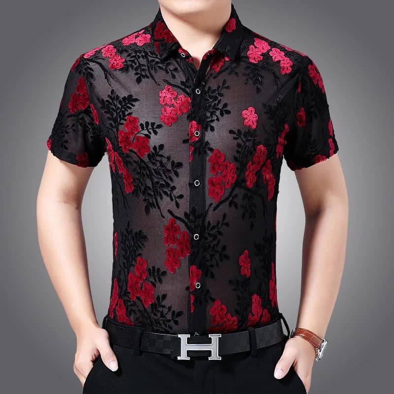 Abiti sexy con fiori cavi Abiti estivi da uomo trasparenti Club Wear Camicie in velluto di seta a maniche corte Abiti monopetto trasparenti
