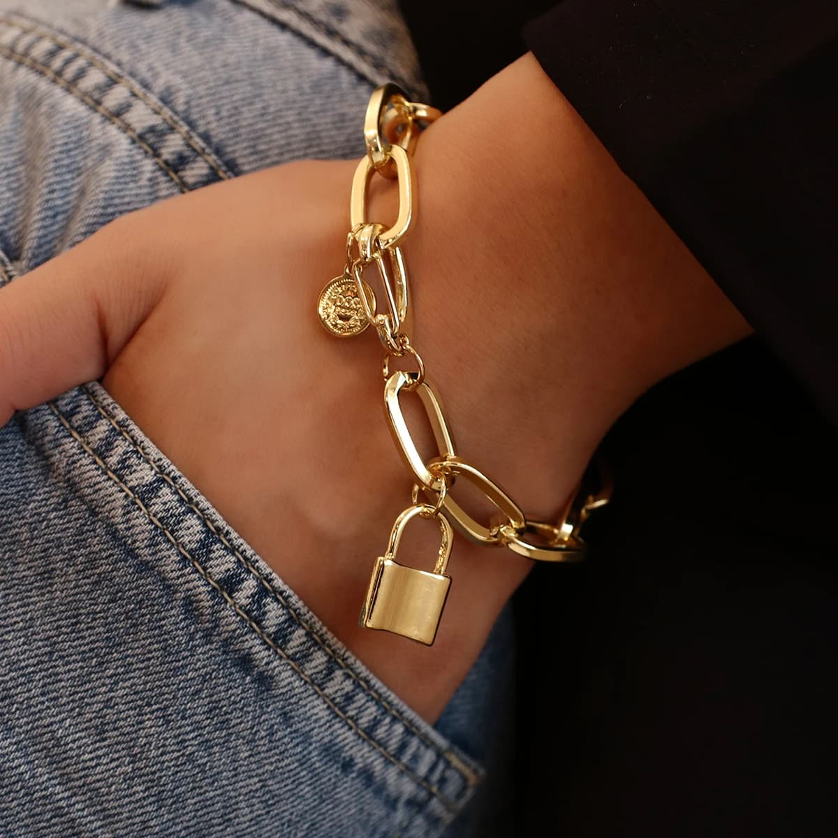 Flashbuy bracciale con ciondolo a catena Color oro Punk per donna uomo bracciale con ciondolo a moneta ritratto gioielli Hip Hop di moda
