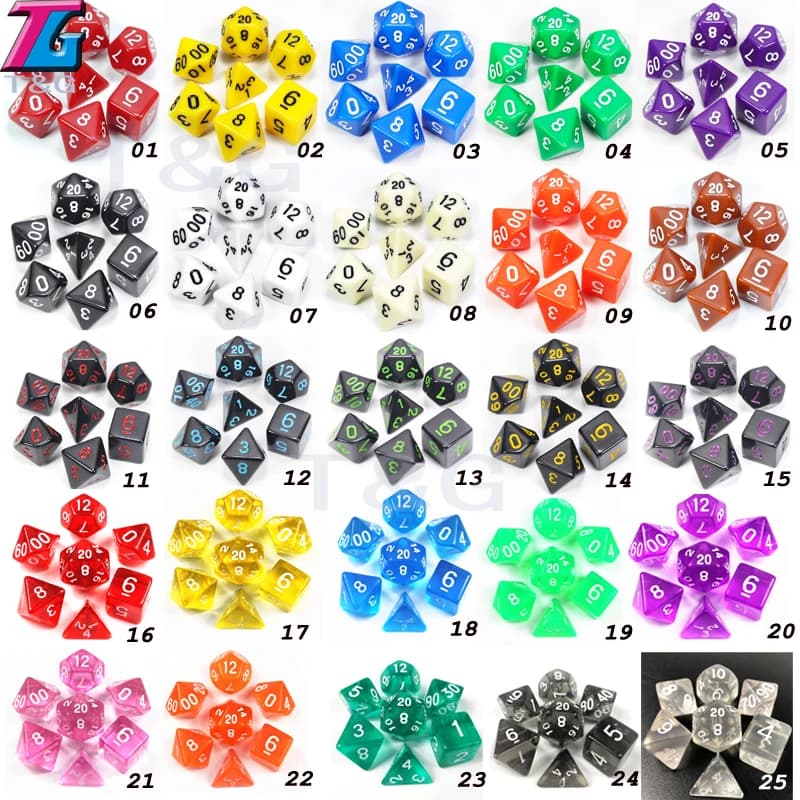 Commerci all'ingrosso 7 pz/lotto Set di Dadi Poliedrici D4, D6, D8, D10, D10%, D12, D20 Accessori Colorati per Gioco da Tavolo, DDNDGame, RPG 25 Colori