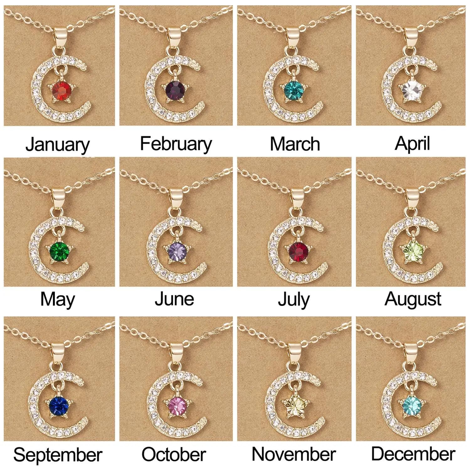 Fashion Personality Birthstone Moon Star Crystal Pendant Necklace for Women Clavicle Chain Choker Birthday Party Jewelry Gift