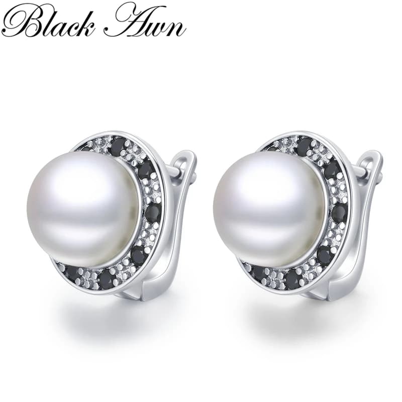 Black Awn 2026 New Round Pearl Hoop Earrings for Women Classic Silver Color Trendy Spinel Engagement Jewelry I223
