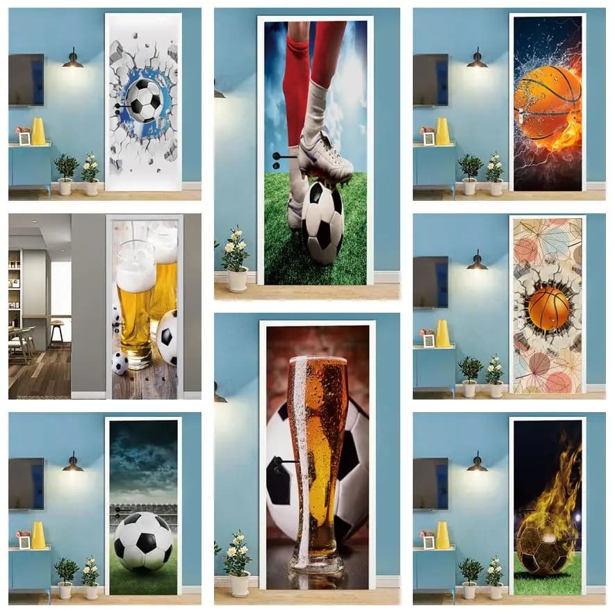 Calcio Basket Carta da parati 3D Adesivo per porta Decorazione camera da letto Poster autoadesivo Decalcomania da muro Murales rimovibili Deurstickers