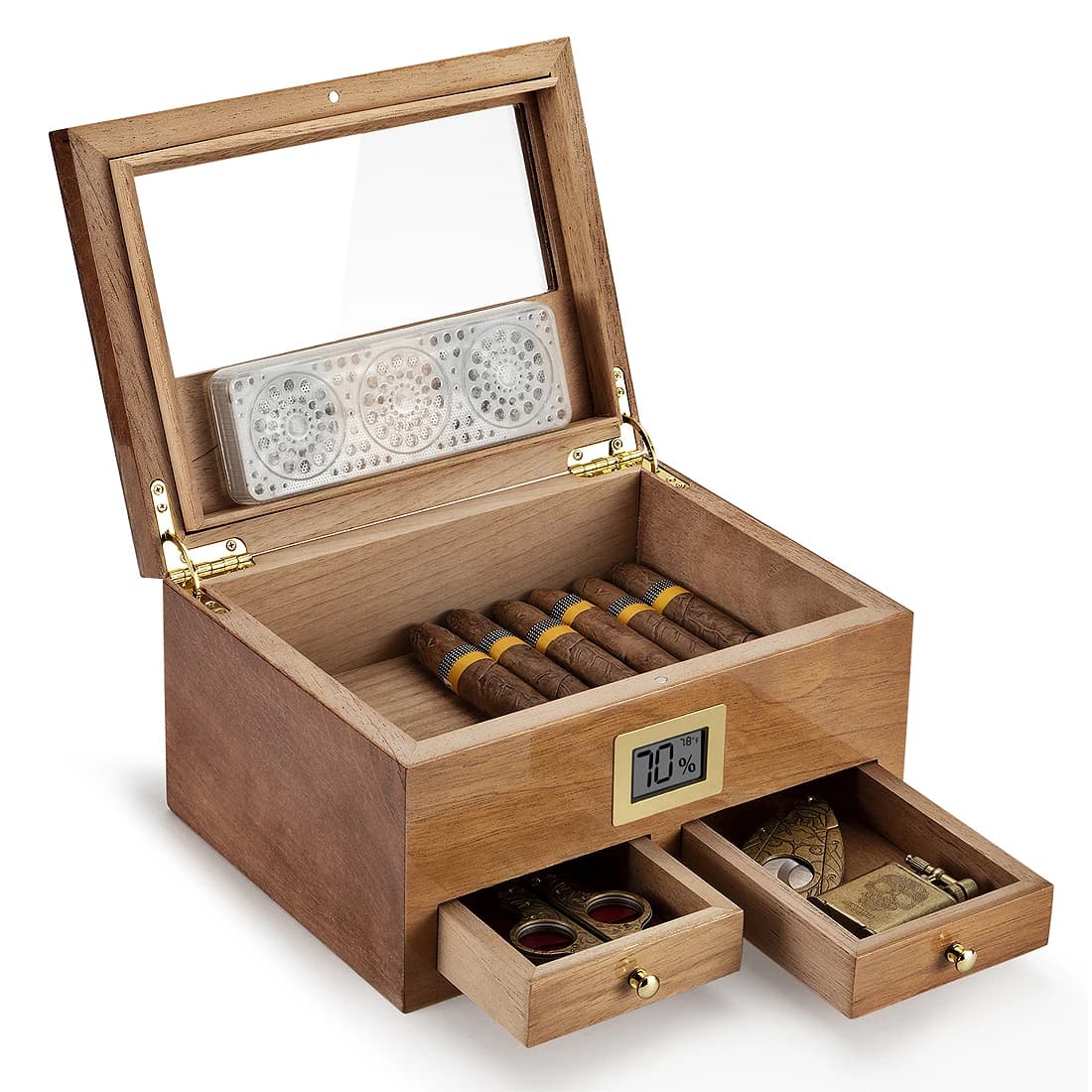 XIFEI umidificatore per sigari con igrometro umidificatore 2 cassetti scatola per sigari portatile in legno di cedro adatta per armadietto per sigari 25-50