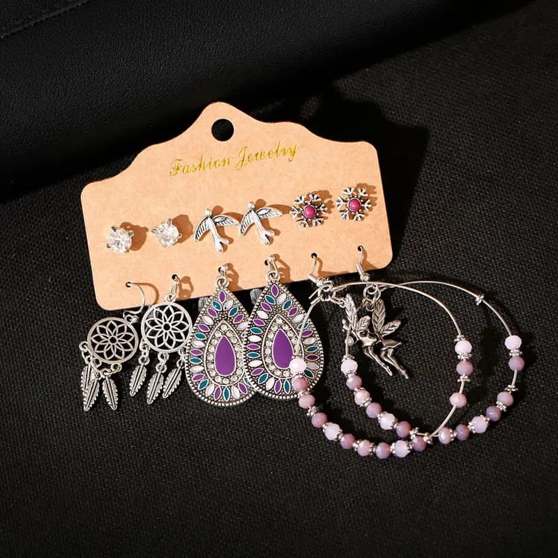 Ethnic Purple Beads Round Alloy Dreamcatcher Earrings Set Fashion Women Summer Bohemia Flower Water Drop Earrings Jewelry