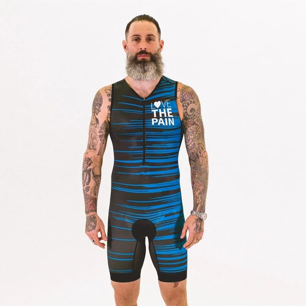 Triathlon LOVE THE PAIN Trisuit Men's Sleeveless Race Run/Swim/ Cycling Go Pro Cycling Skinsuit Collant Speedsuit