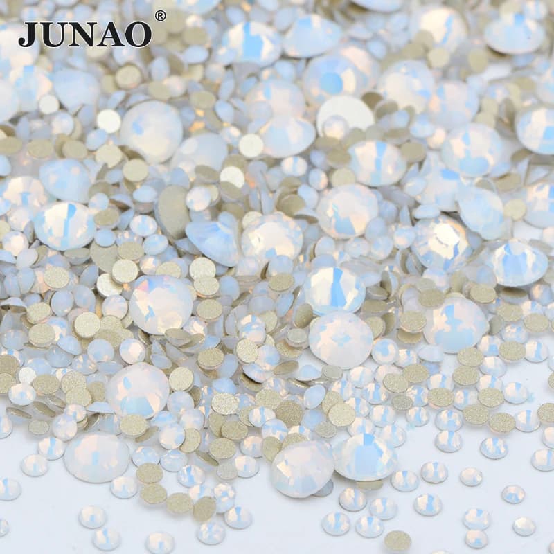 JUNAO 1400pc Formato Della Miscela Bianco Opale di Vetro Strass 3D Unghie Artistiche Pietre Unghie Gemme di Cristallo Adesivi Non Hot Fix Strass Appliques
