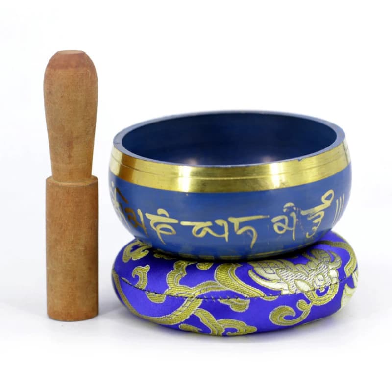 Silent Mind Tibetan Singing Bowl Set Blue Color Design With Dual Surface Mallet and Silk Cushion Promotes Peace