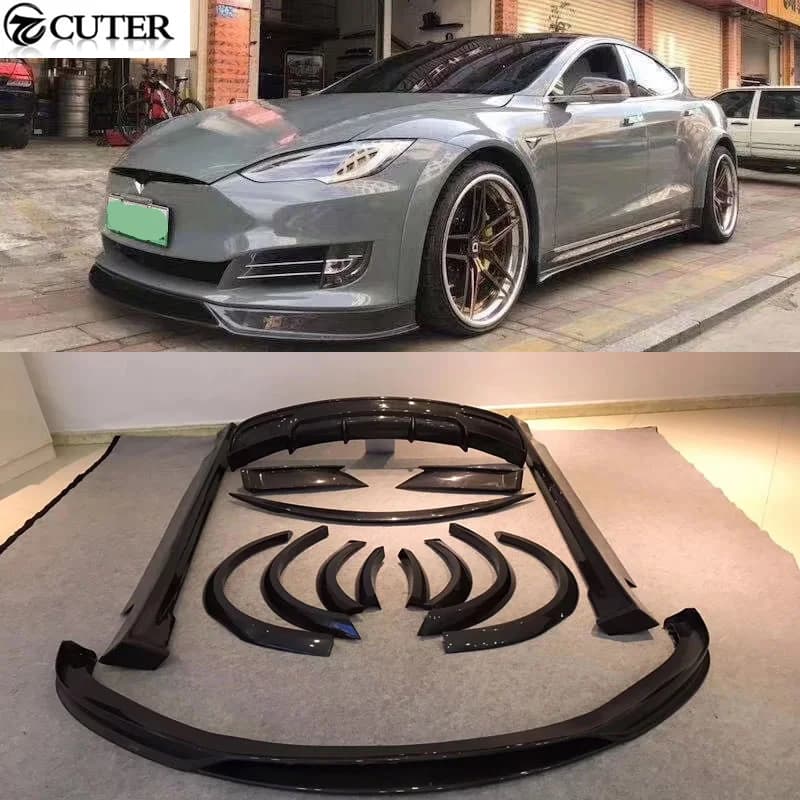 Modello in fibra di carbonio Frp labbro anteriore minigonne laterali paraurti posteriore diffusore spoiler posteriore per Tesla modello s ampio kit carrozzeria 2014 2015
