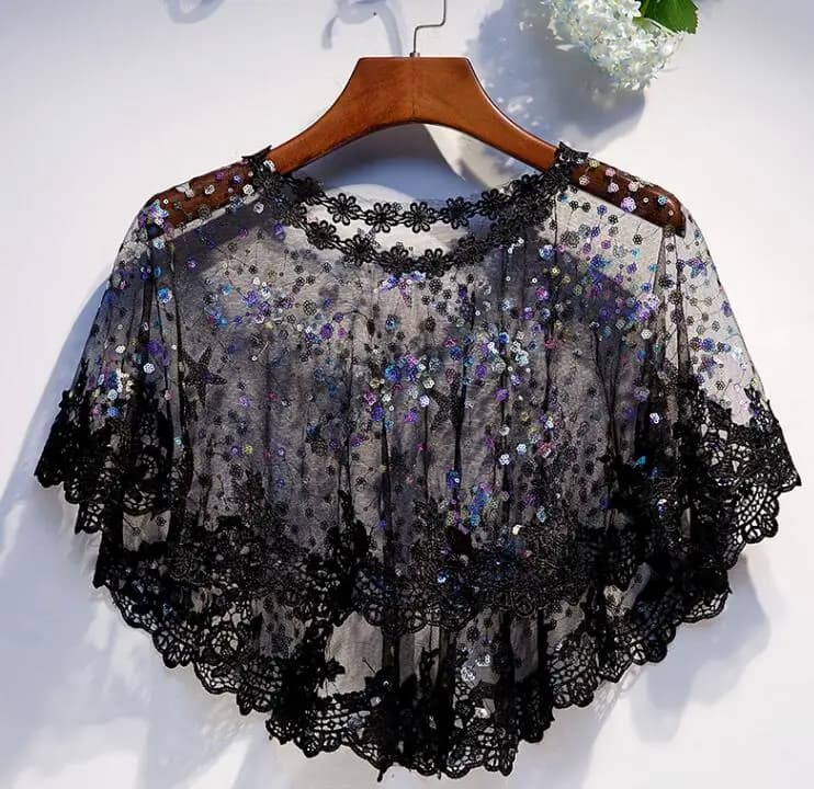 Women's Clear Embroidery Embroidery in Lace Black Pashmina Women's Glossy Star Summer Solar Protection Sweatshirt R2359
