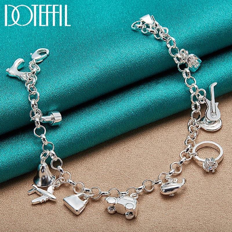 DOTEFFIL 925 Sterling Silver 18K Oro Scarpa Campana Aereo Blocco Auto Pesce Anello Lecca-lecca Chitarra Bracciale Catena Donne Gioielli di Fascino