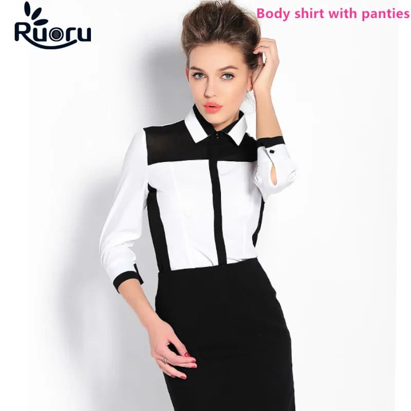 Ruoru Camicetta di Chiffon Rappezzatura Sottile Del Corpo Delle Donne Dei Tre Quarti Tuta Nero Bianco Delle Donne Del Corpo Della Camicia Ufficio Blusa In Chiffon