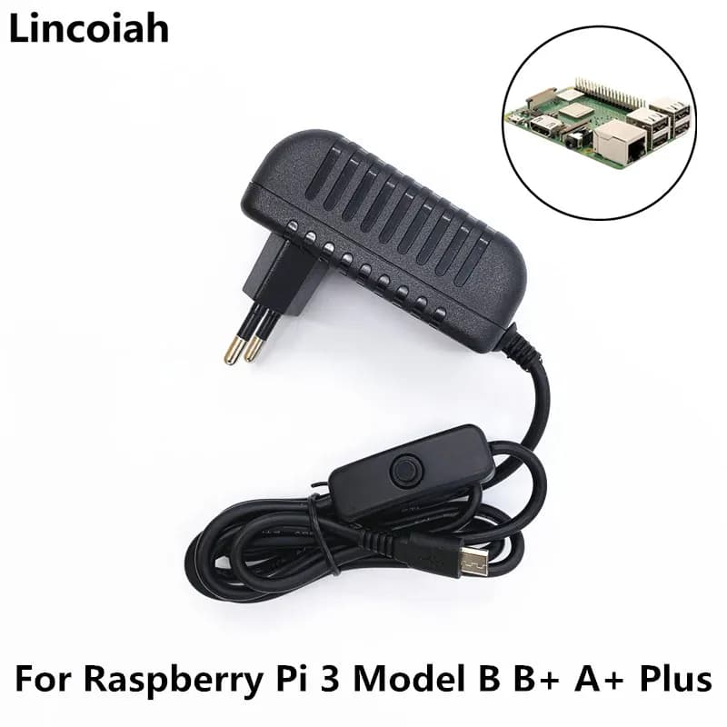 Lincoiah Charger Adapter AC/CC 5V 3A PSU Micro USB Adapter with Switch on/off for Raspberry Pi 3 Model B+ A+ Plus